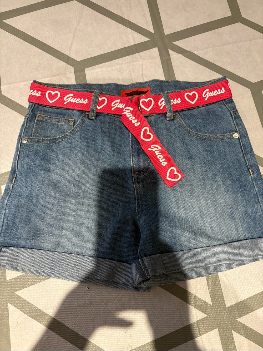 Guess Blue Denim Shorts with Red Logo Heart Belt